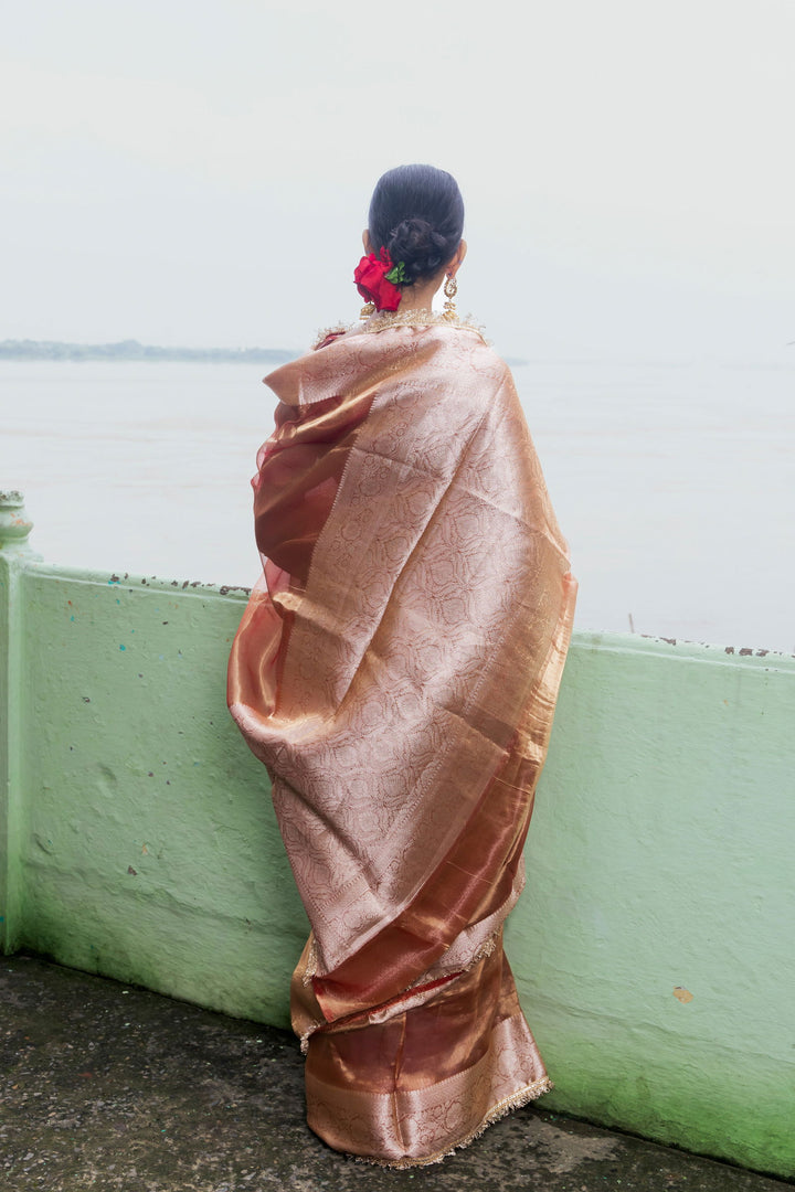 Handloom  Peach Pure Tissue Silk Banarsi Saree - Mayrake