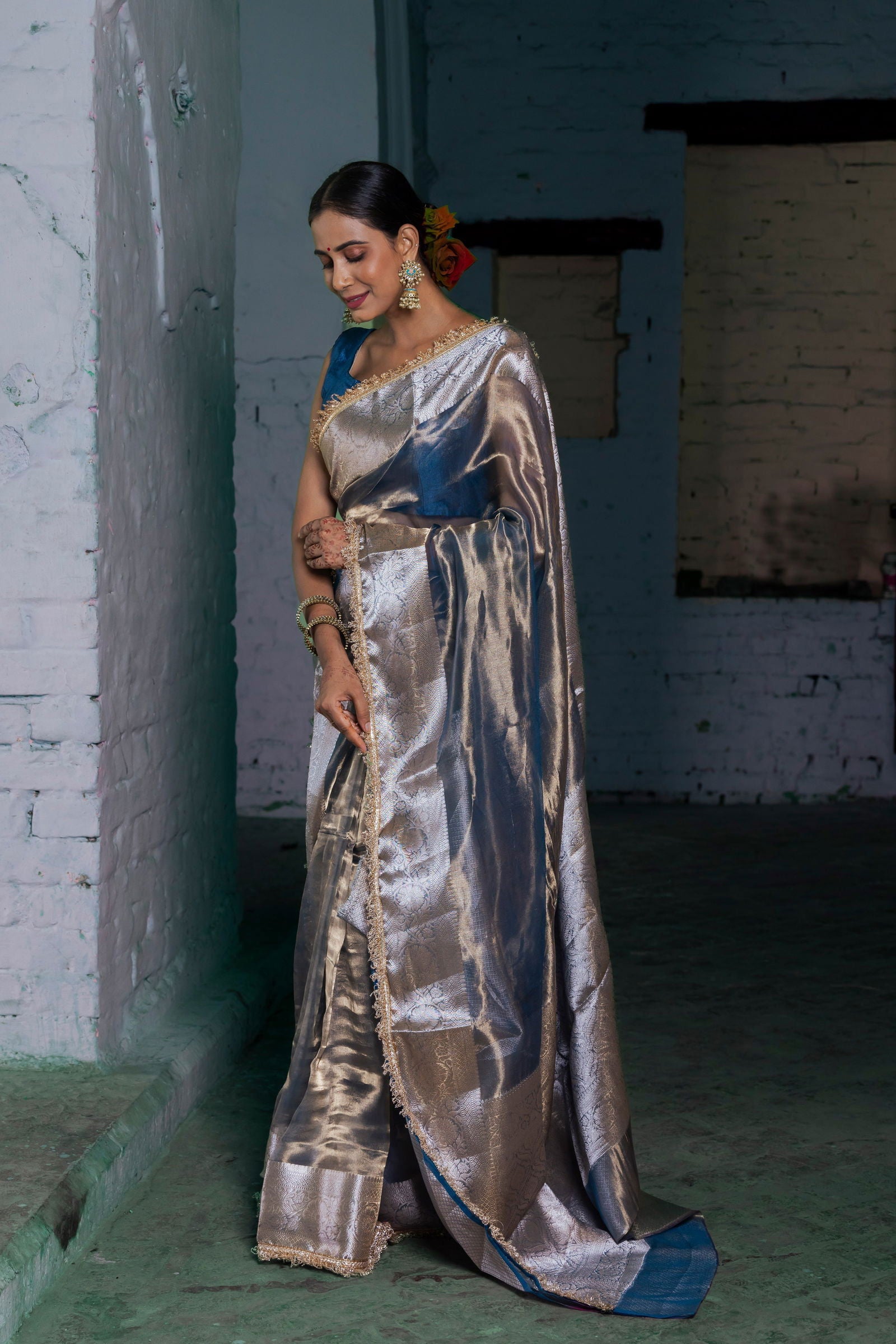 Handloom Peacock Blue Pure Katan Tissue Silk Banarasi Saree - Mayrake.in