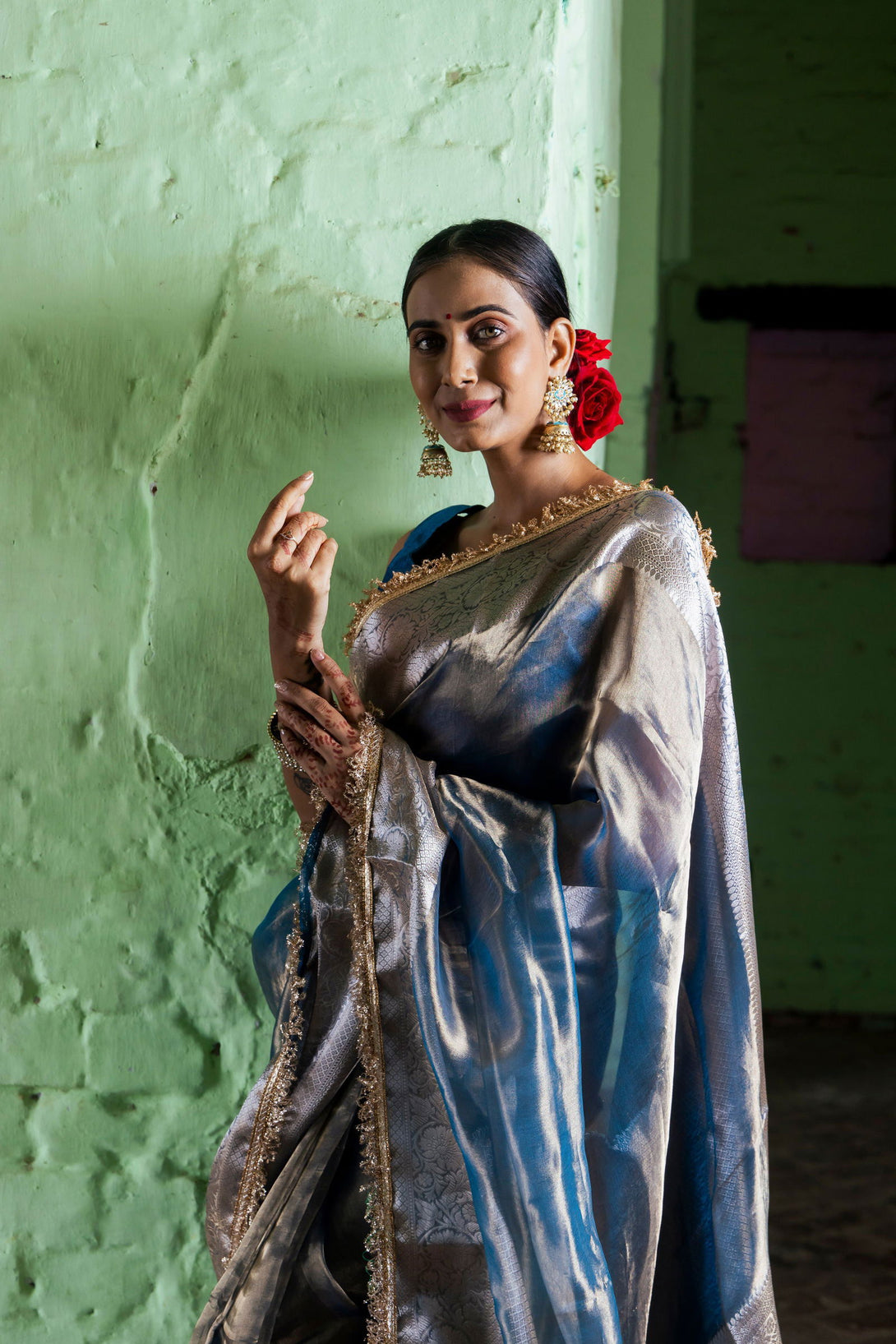 Handloom Peacock Blue Pure Katan Tissue Silk Banarasi Saree - Mayrake.in