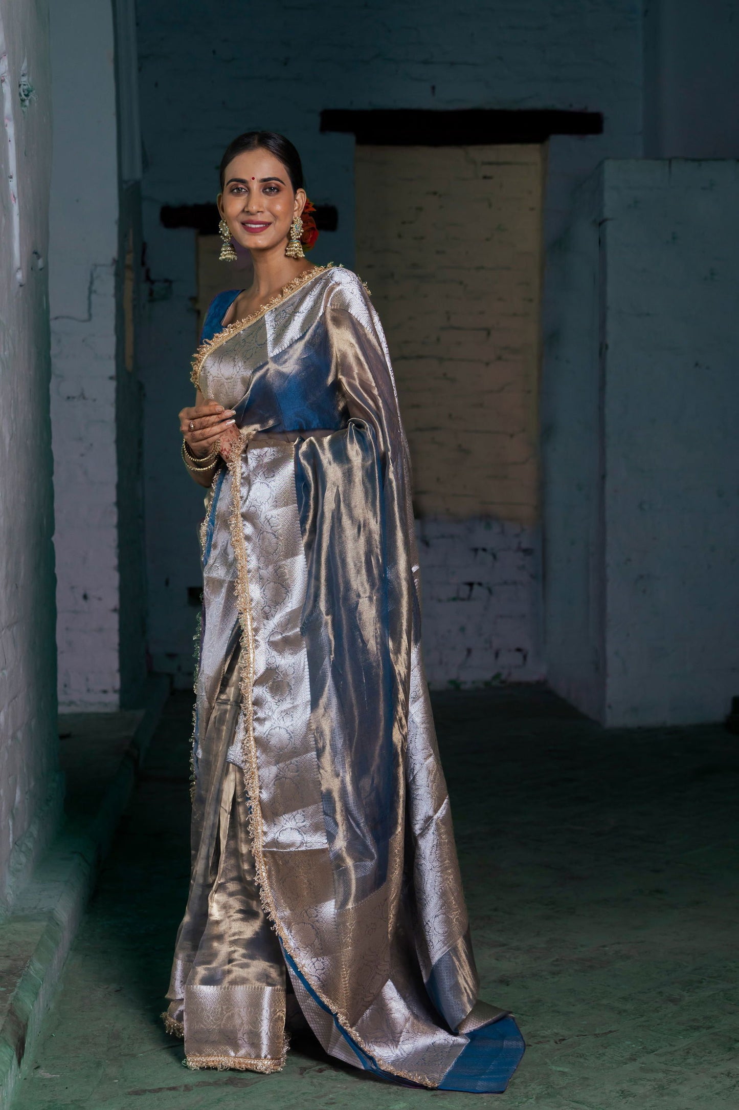 Handloom Peacock Blue Pure Katan Tissue Silk Banarasi Saree - Mayrake.in