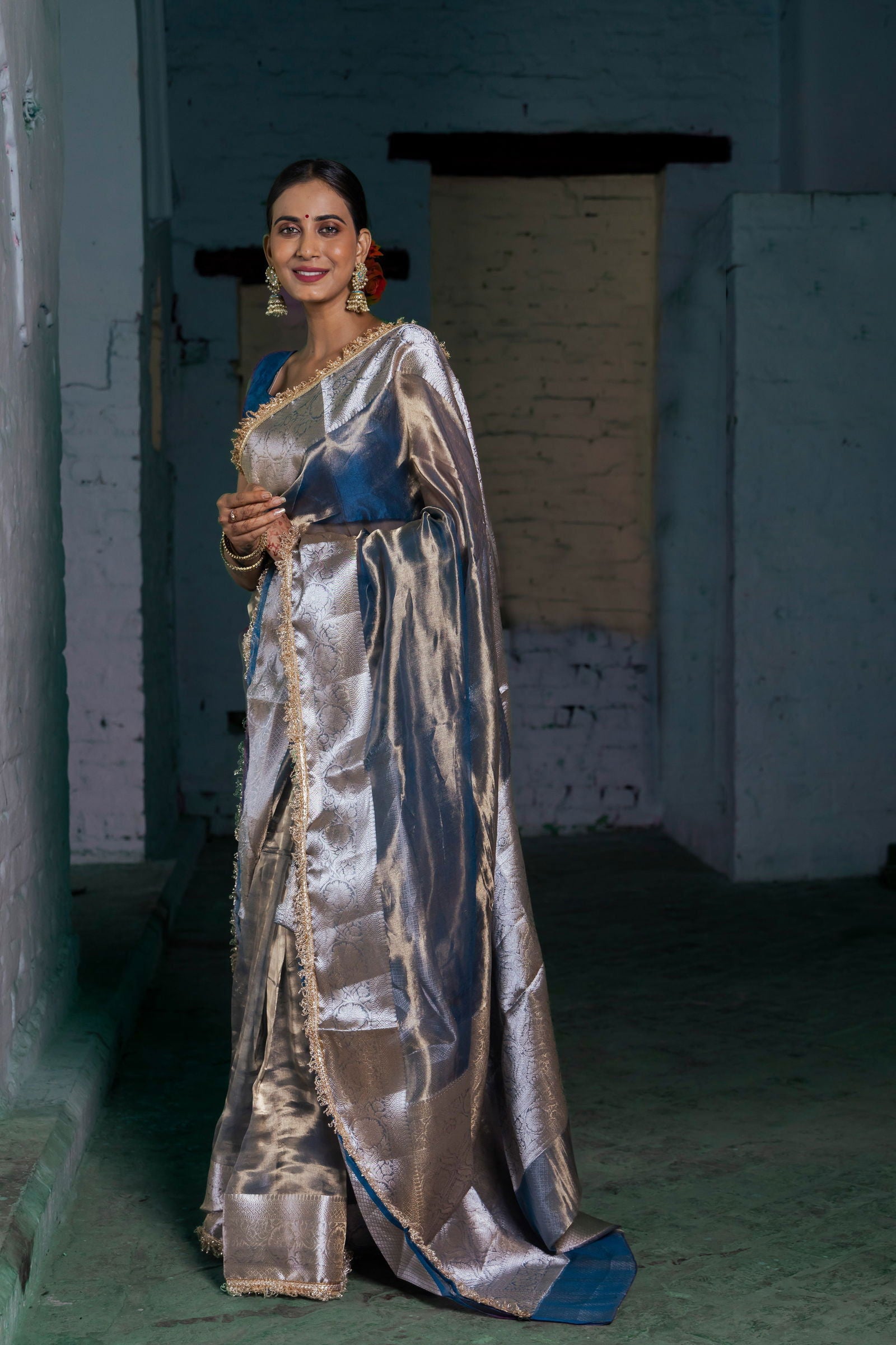 Handloom Peacock Blue Pure Katan Tissue Silk Banarasi Saree - Mayrake.in