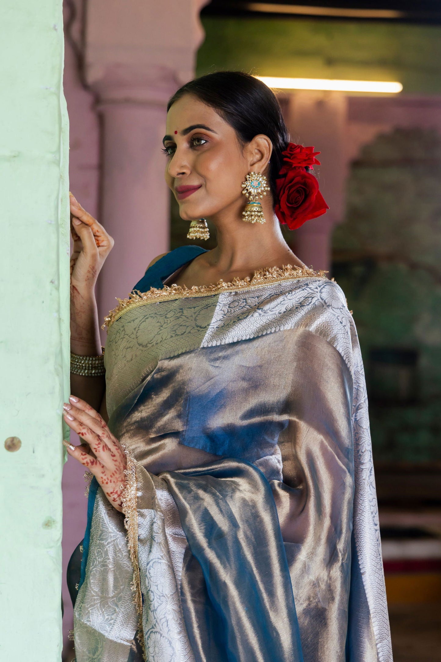 Handloom Peacock Blue Pure Katan Tissue Silk Banarasi Saree - Mayrake.in