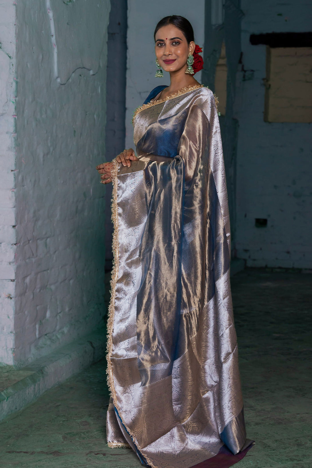 Handloom Peacock Blue Pure Katan Tissue Silk Banarasi Saree - Mayrake.in