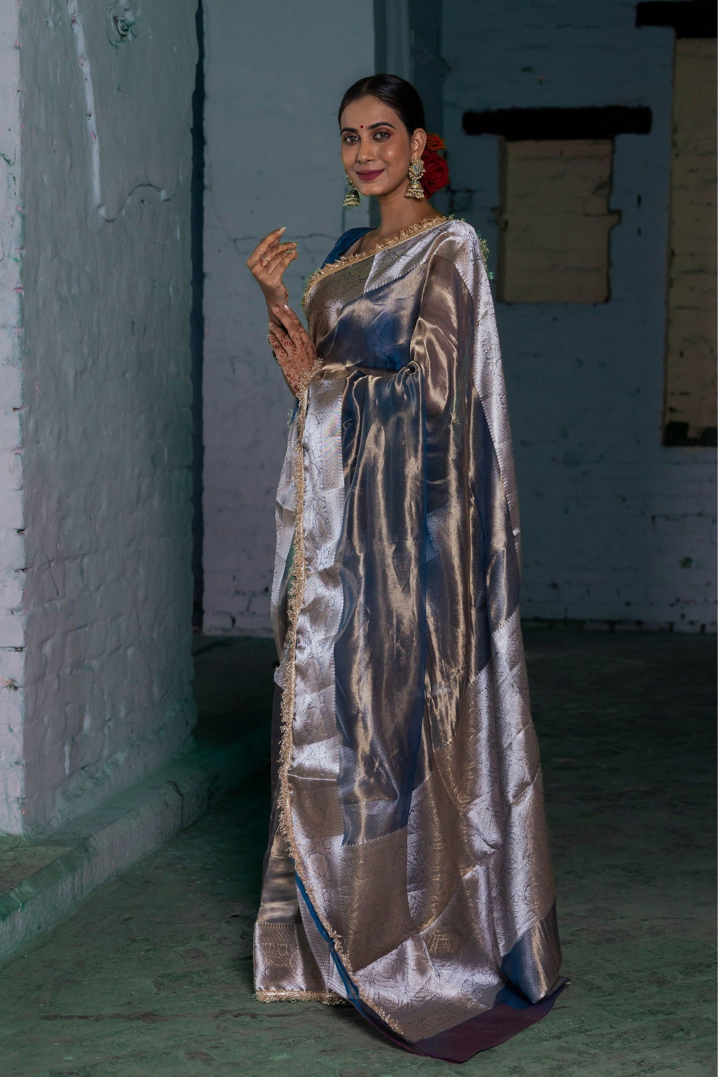 Handloom Peacock Blue Pure Katan Tissue Silk Banarasi Saree - Mayrake.in