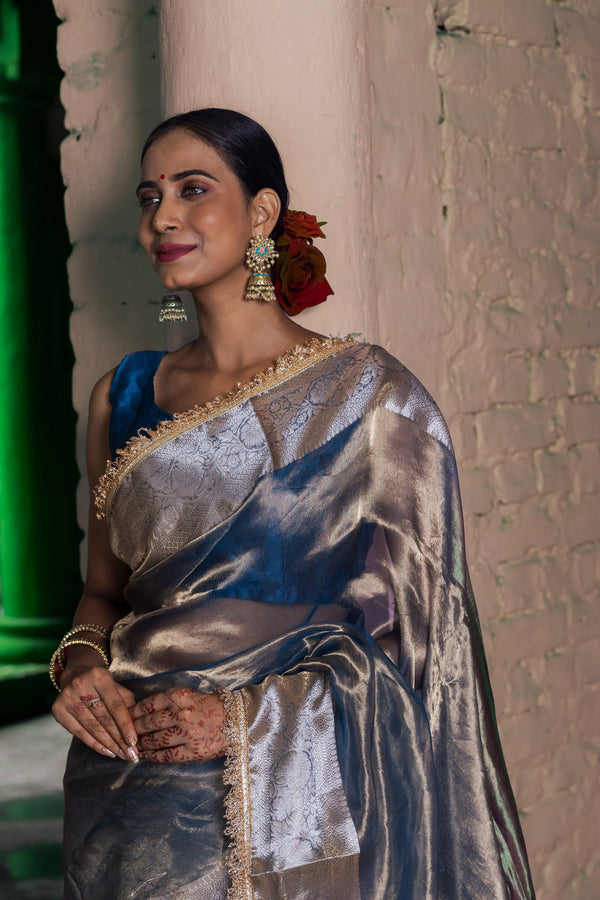 Handloom Peacock Blue Pure Katan Tissue Silk Banarsi Saree - Mayrake