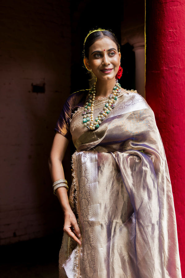 Handloom Purple  Blue  Pure Katan Tissue Banarsi Silk Saree - Mayrake