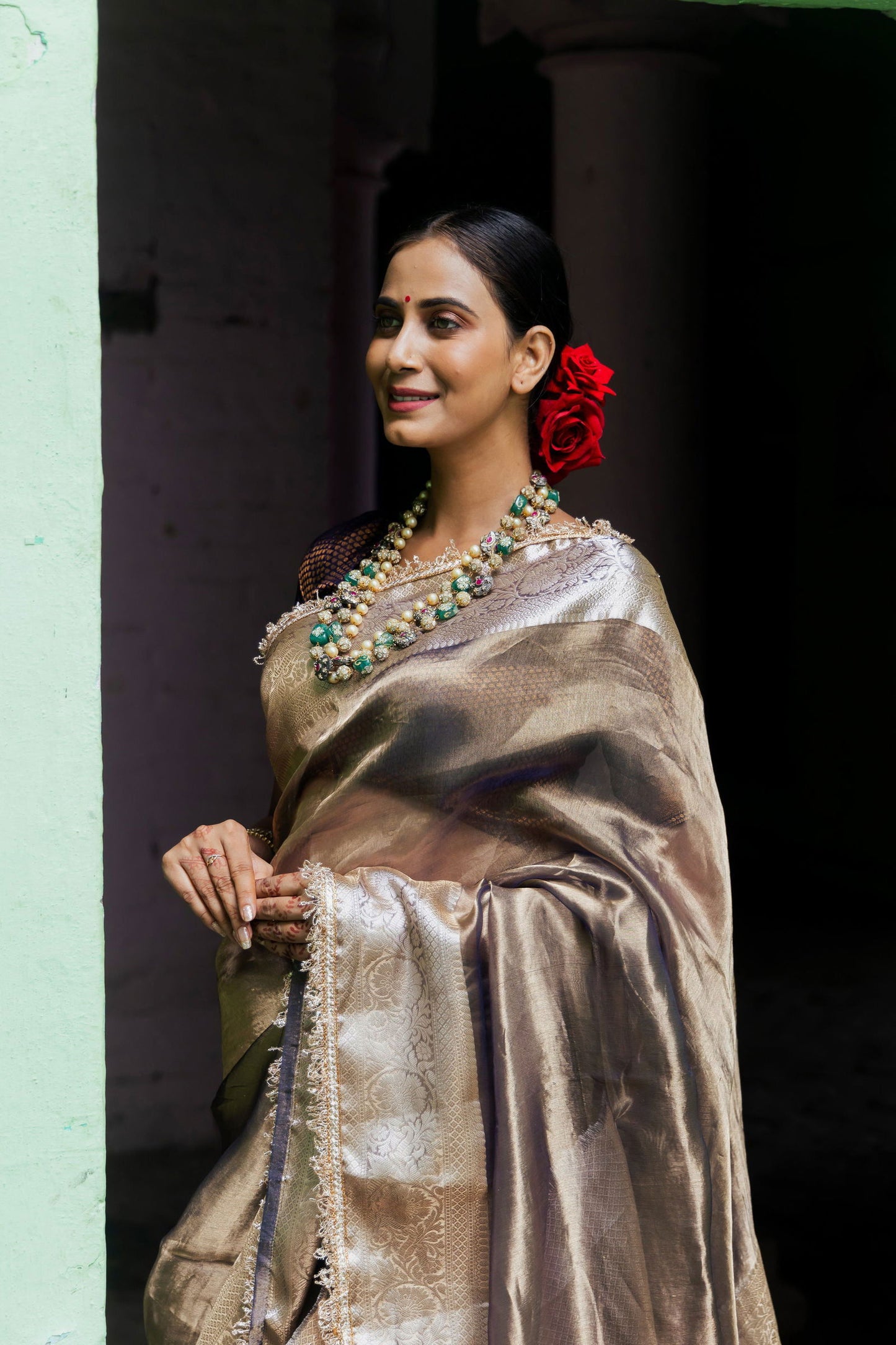 Handloom Purple Blue Pure Katan Tissue Silk Banarasi Saree - Mayrake.in