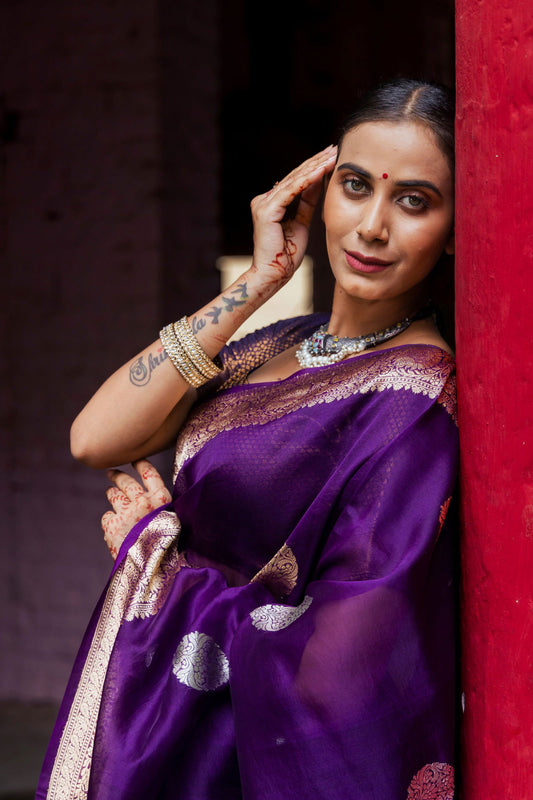 Handloom Purple Pure Kora Organza Banarasi Saree - Mayrake.in