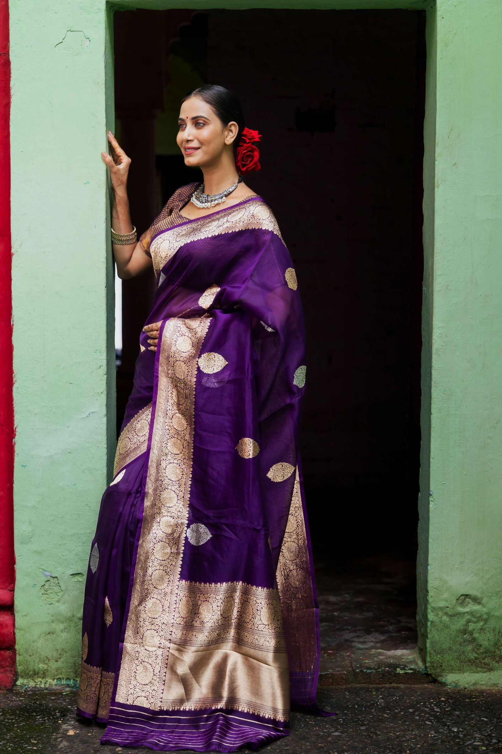 Handloom Purple Pure Kora Organza Banarasi Saree - Mayrake.in
