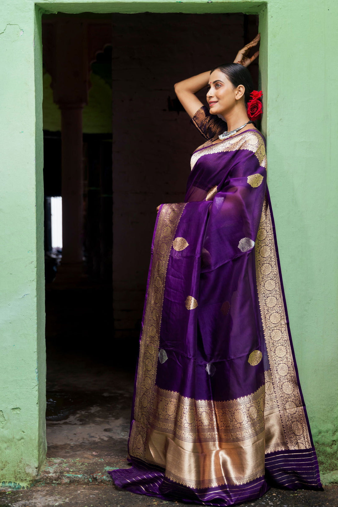 Handloom Purple Pure Kora Organza Banarasi Saree - Mayrake.in