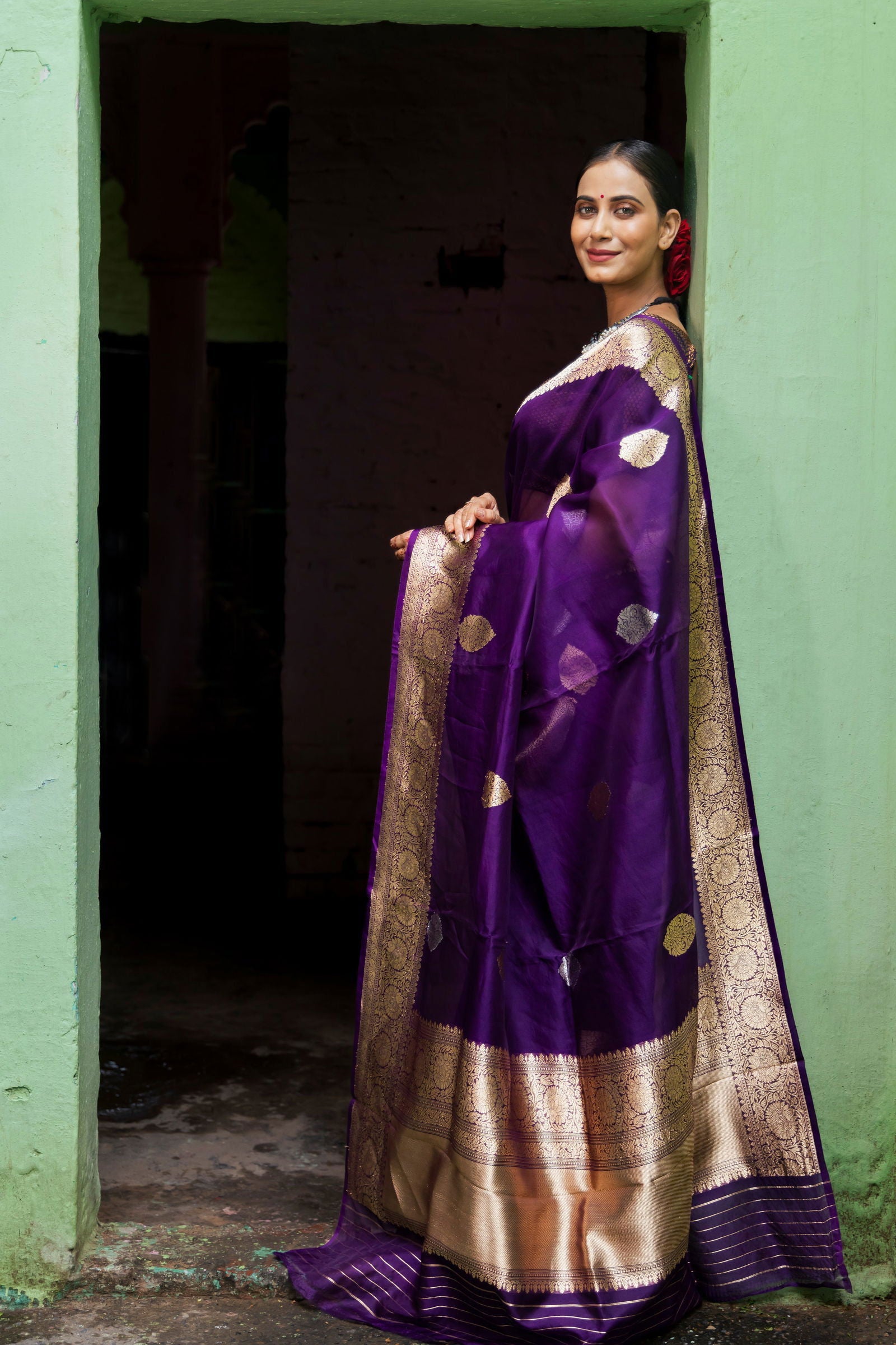 Handloom Purple Pure Kora Organza Banarasi Saree - Mayrake.in