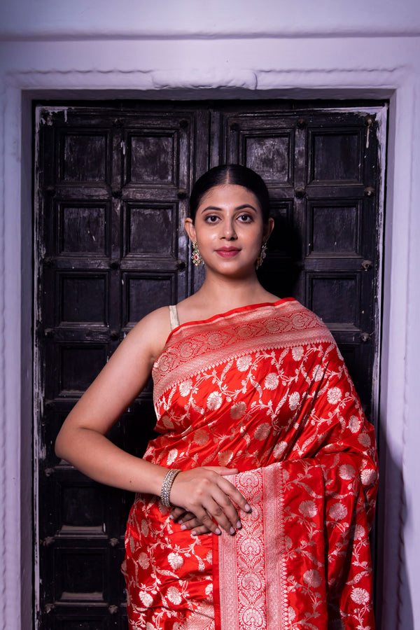 Handloom Red Pure Katan Silk Banarsi Saree - Mayrake