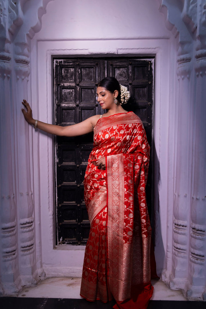 Handloom Red Pure Katan Silk Banarsi Saree - Mayrake