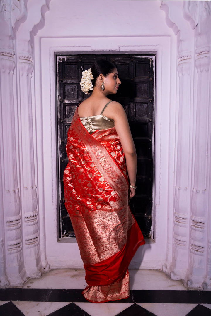 Handloom Red Pure Katan Silk Banarsi Saree - Mayrake