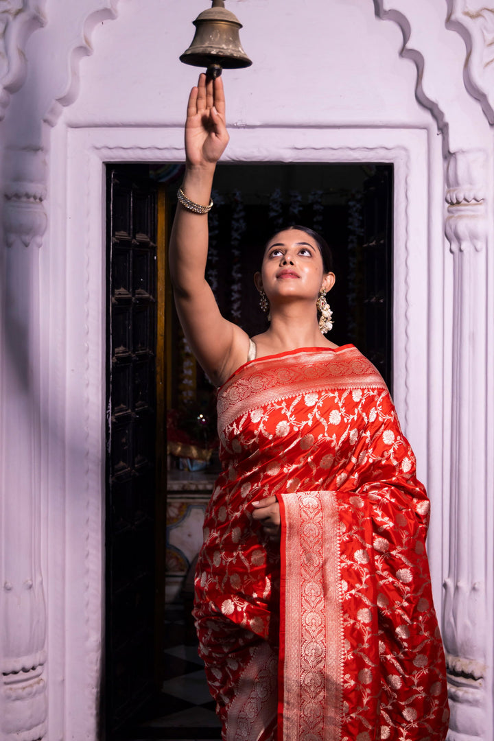 Handloom Red Pure Katan Silk Banarsi Saree - Mayrake