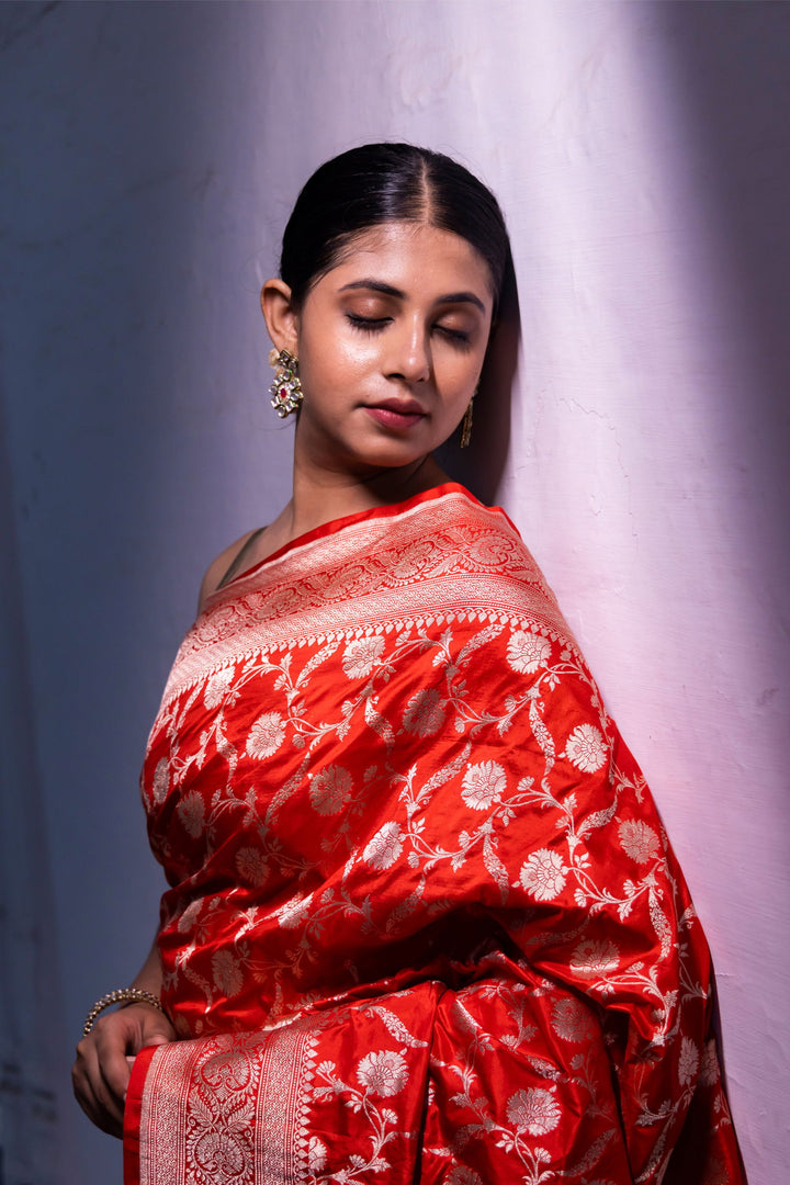 Handloom Red Pure Katan Silk Banarsi Saree - Mayrake