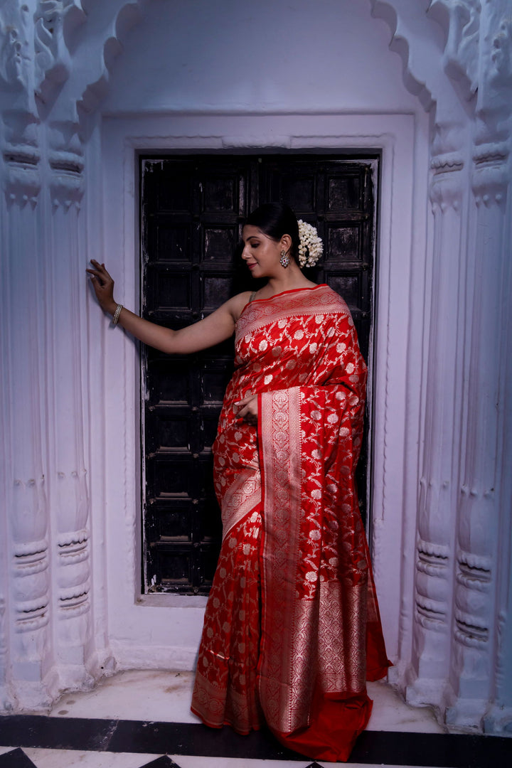 Handloom Red Pure Katan Silk Banarsi Saree - Mayrake
