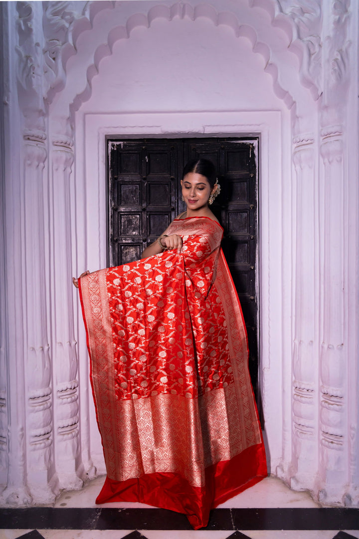 Handloom Red Pure Katan Silk Banarsi Saree - Mayrake