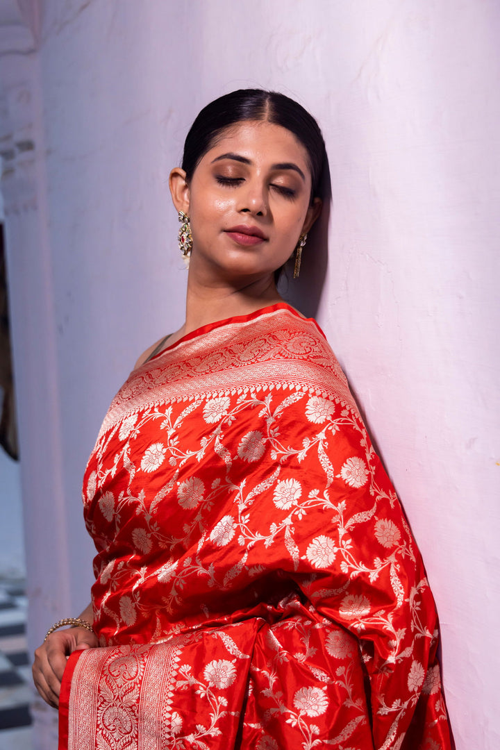 Handloom Red Pure Katan Silk Banarsi Saree - Mayrake