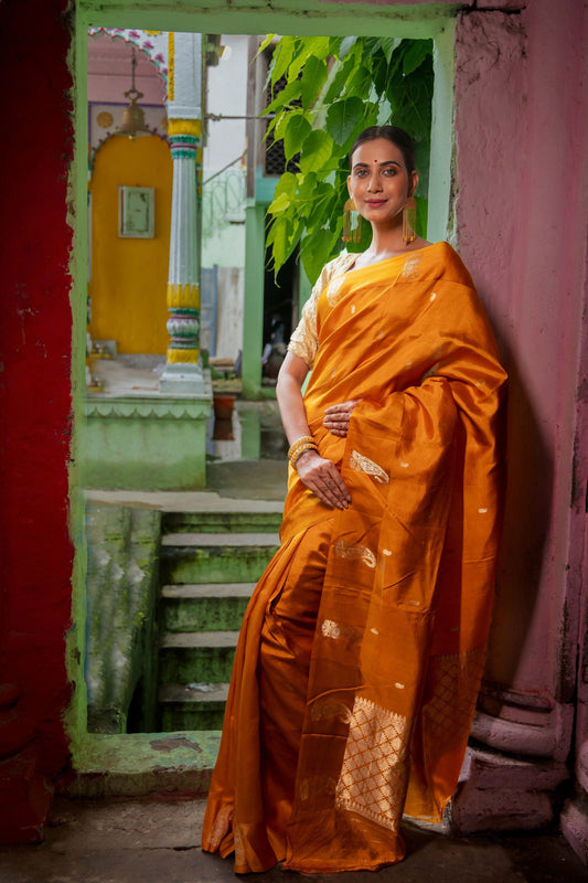 Handloom Saffron Yellow Pure Katan Silk  Banarasi Saree - Mayrake.in