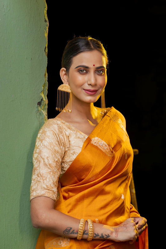 Handloom Saffron Yellow Pure Katan Silk  Banarasi Saree - Mayrake.in
