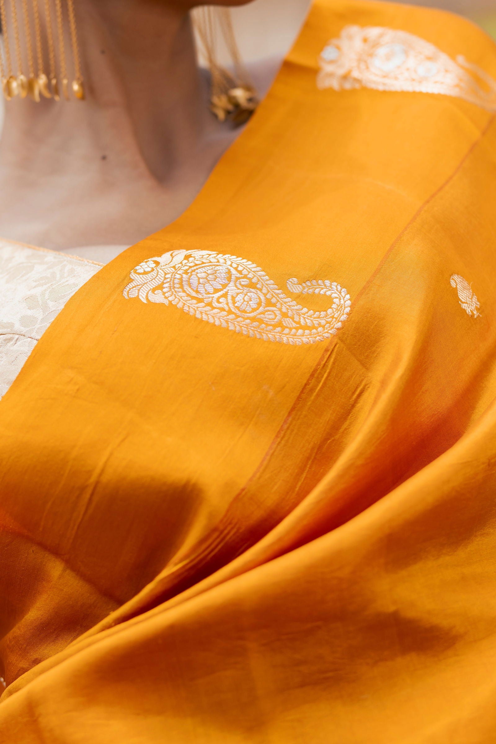 Handloom Saffron Yellow Pure Katan Silk  Banarasi Saree - Mayrake.in