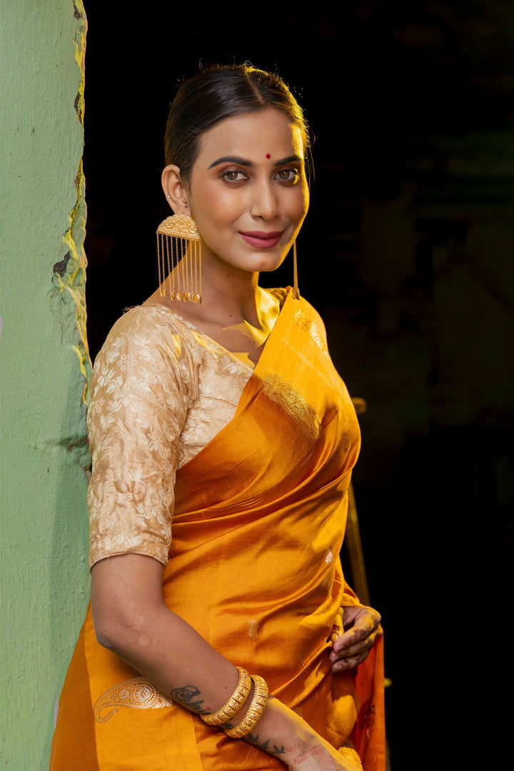 Handloom Saffron Yellow Pure Katan Silk  Banarasi Saree - Mayrake.in