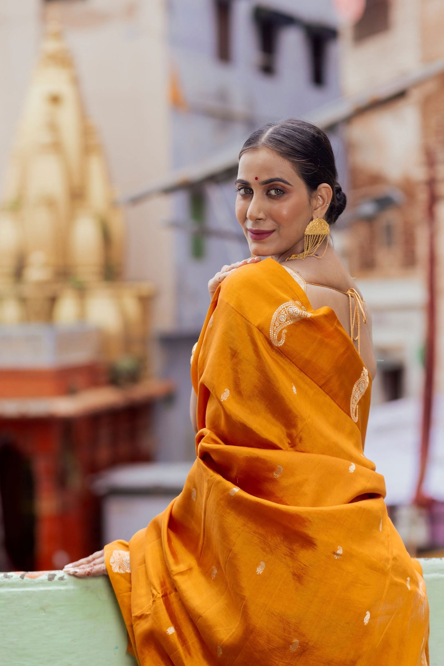 Handloom Saffron Yellow Pure Katan Silk  Banarasi Saree - Mayrake.in