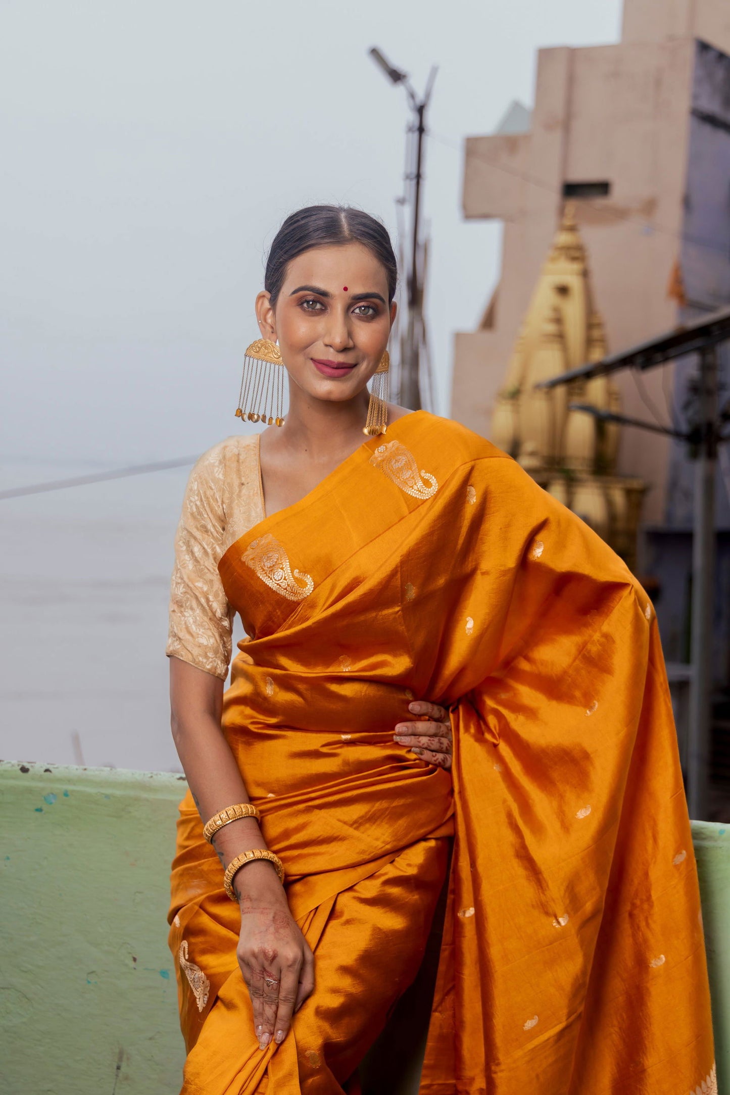 Handloom Saffron Yellow Pure Katan Silk  Banarasi Saree - Mayrake.in