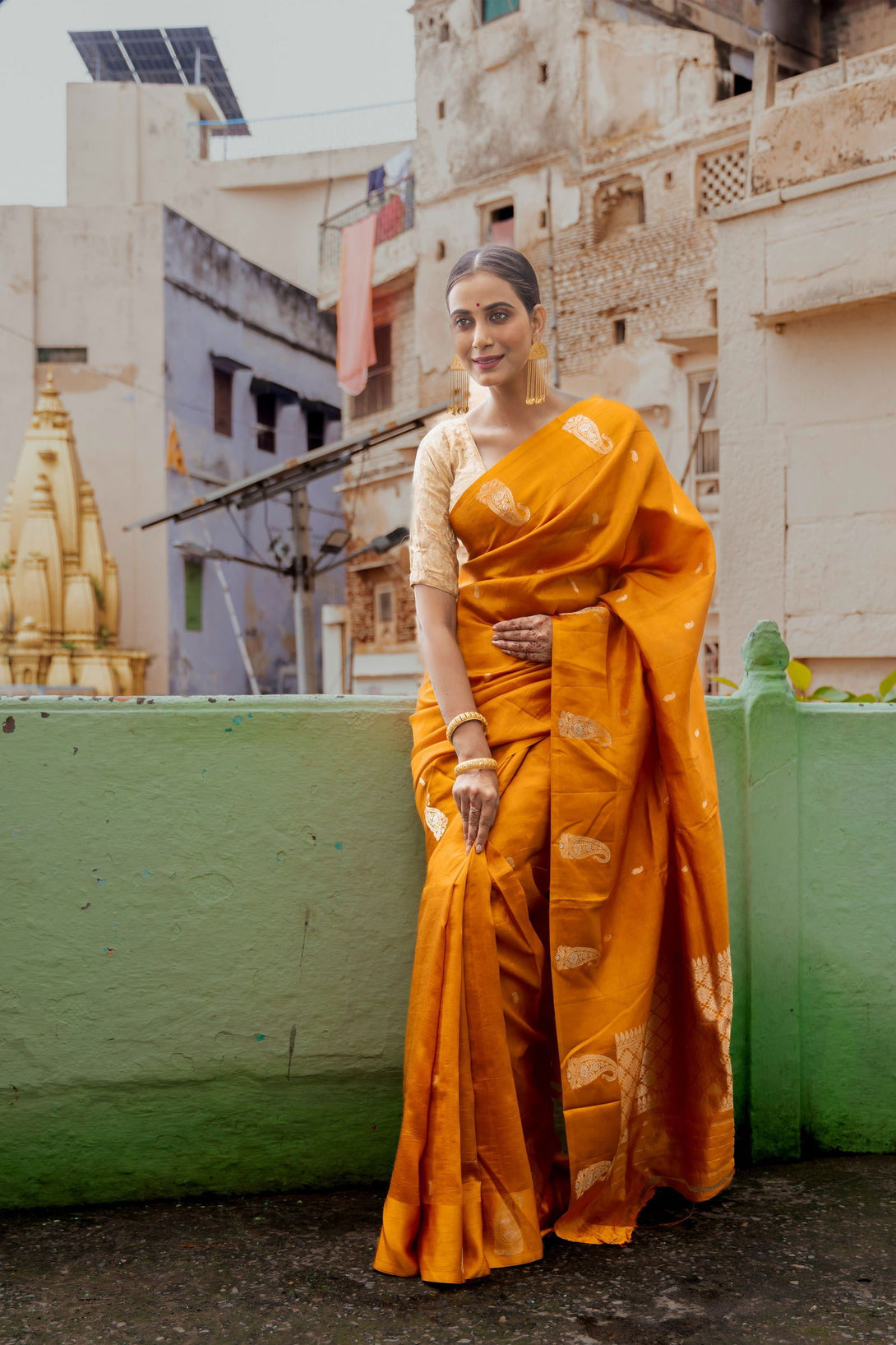 Handloom Saffron Yellow Pure Katan Silk  Banarasi Saree - Mayrake.in