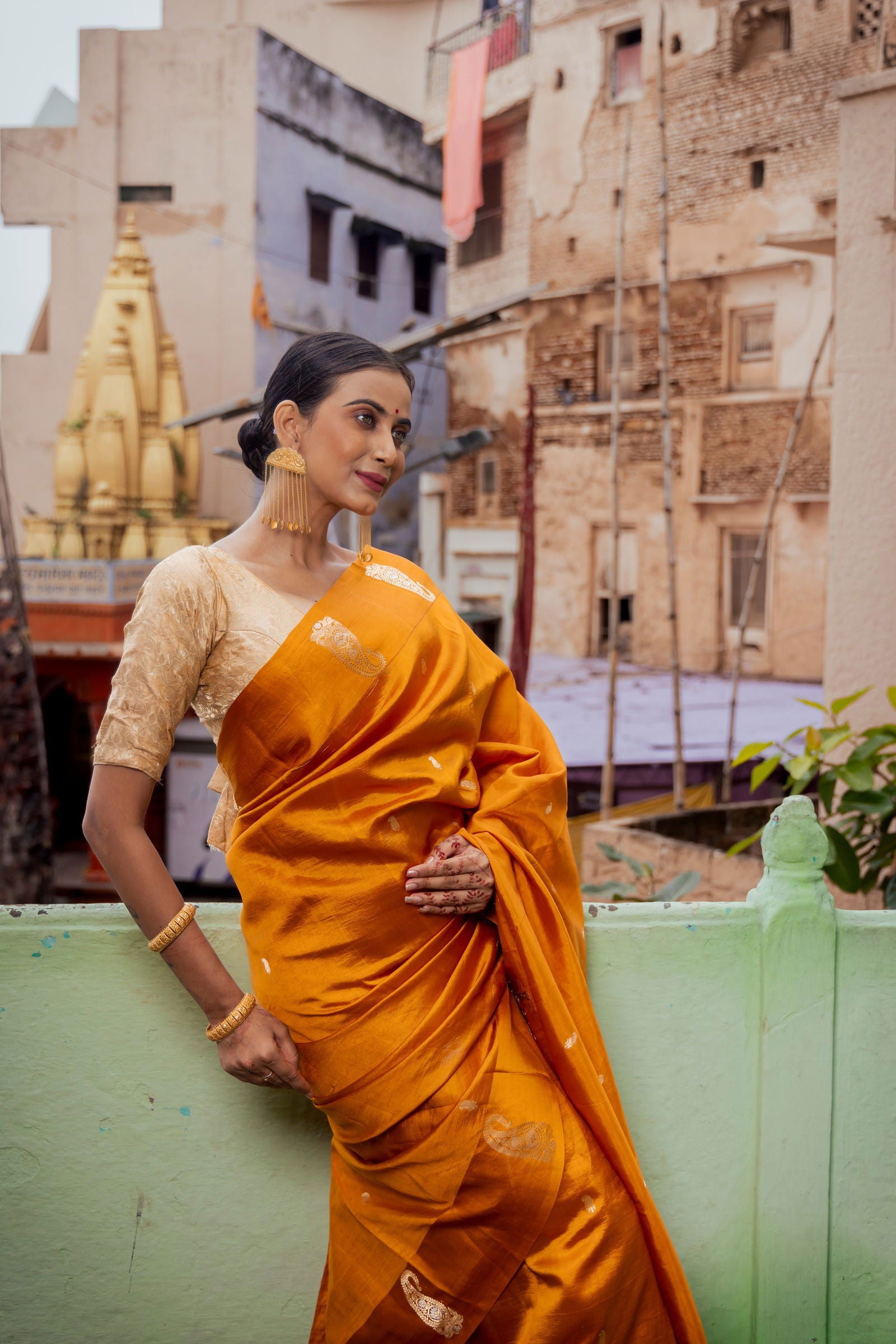 Handloom Saffron Yellow Pure Katan Silk  Banarasi Saree - Mayrake.in