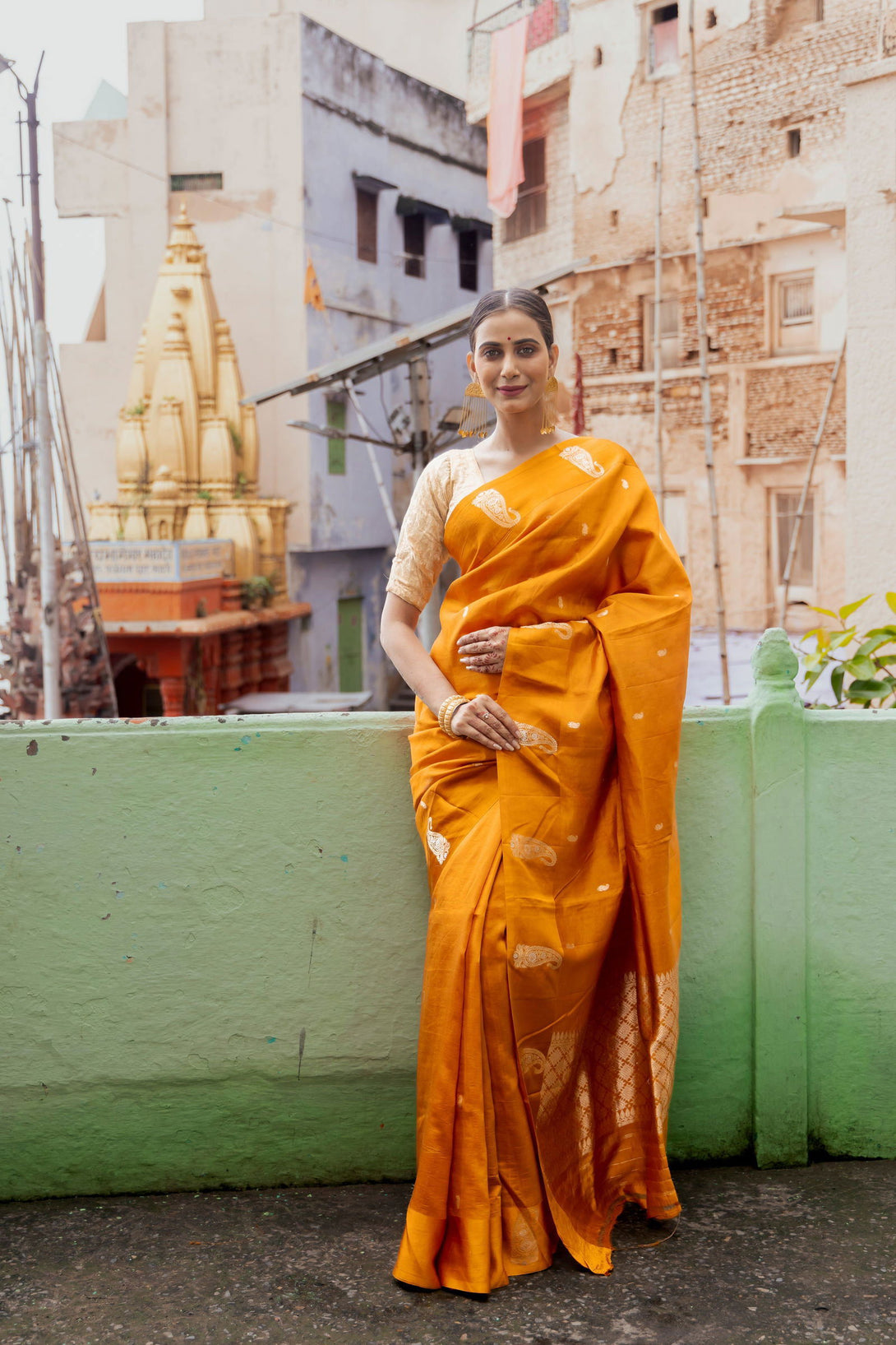 Handloom Saffron Yellow Pure Katan Silk  Banarasi Saree - Mayrake.in