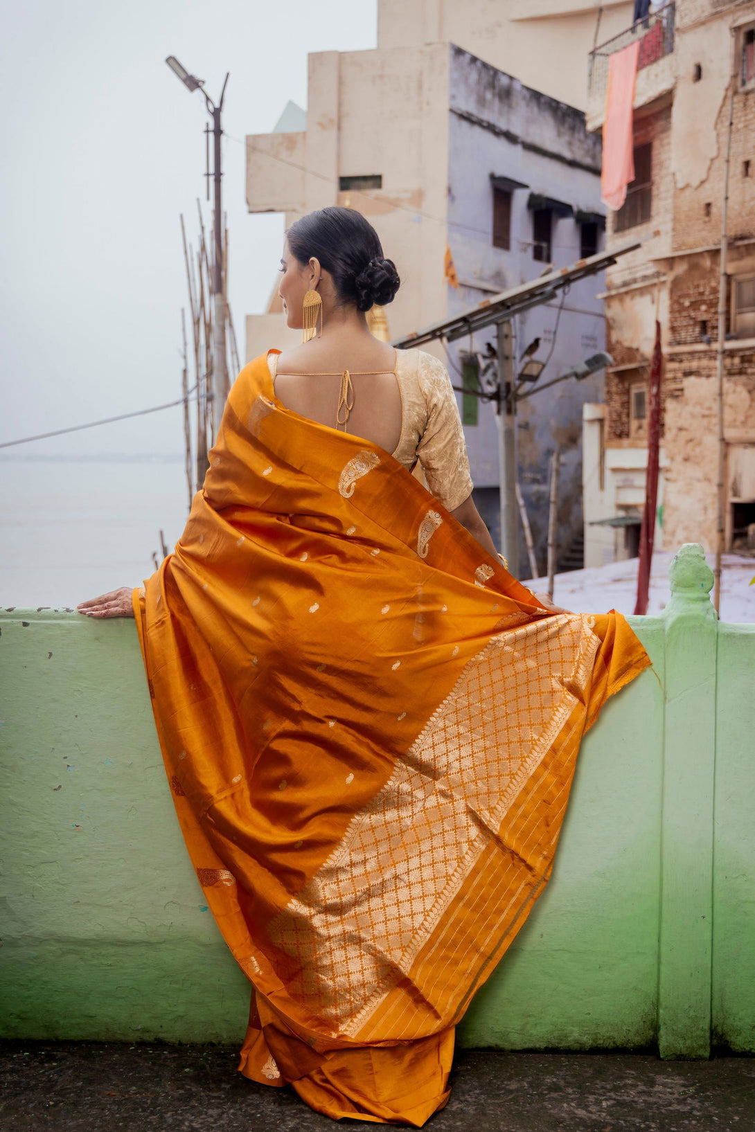 Handloom Saffron Yellow Pure Katan Silk  Banarasi Saree - Mayrake.in