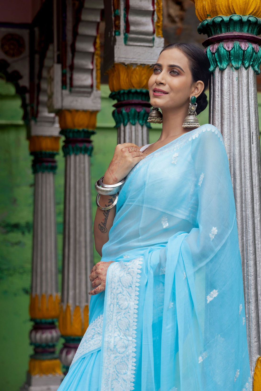 Handloom Sky Blue Pure Khadi Chiffon Banarasi Saree - Mayrake.in