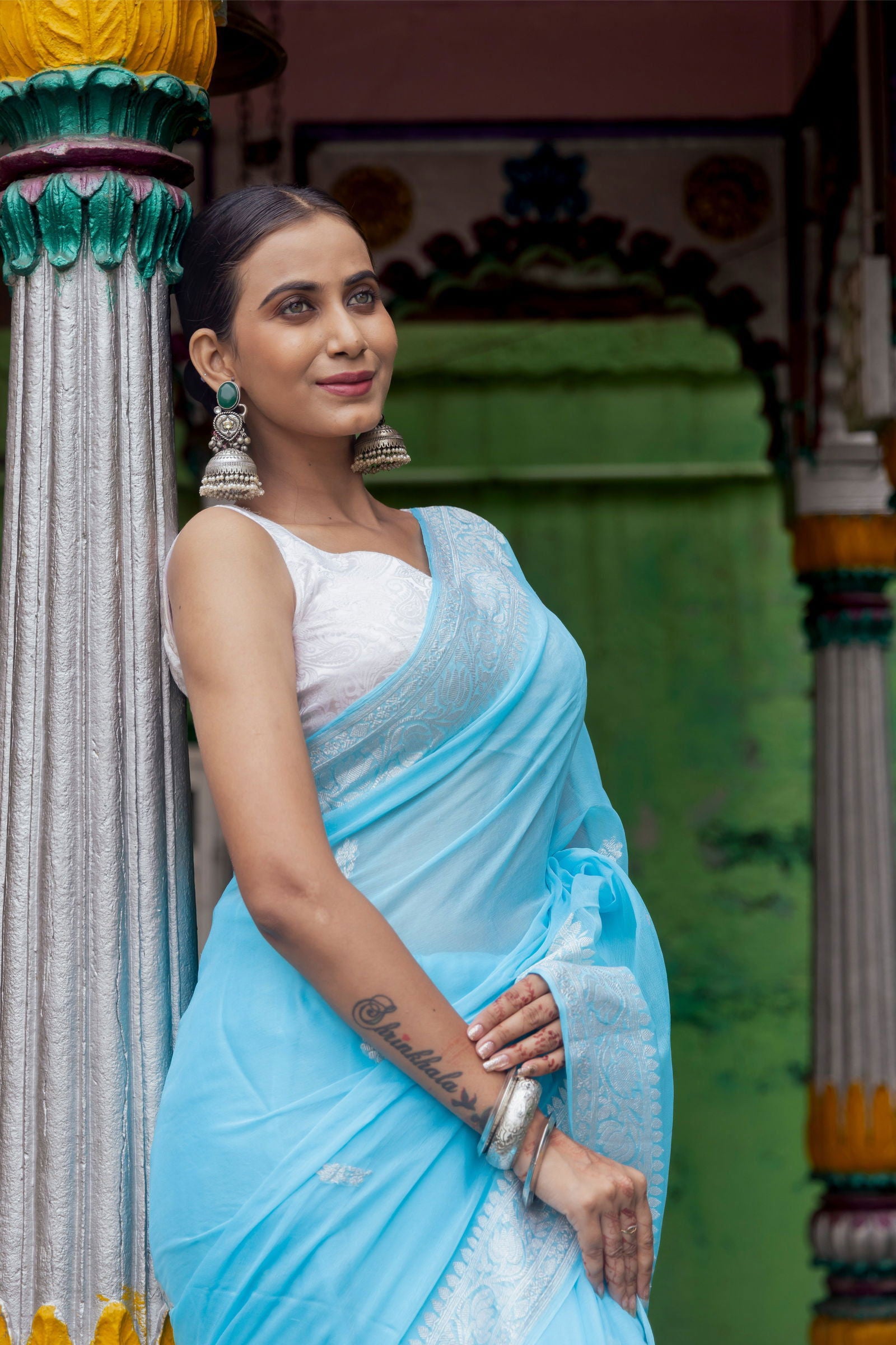 Handloom Sky Blue Pure Khadi Chiffon Banarasi Saree - Mayrake.in