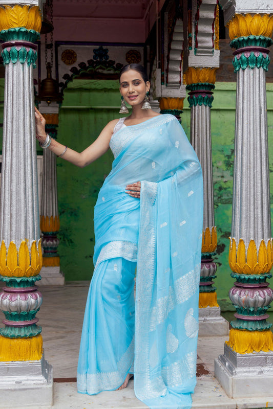 Handloom Sky Blue Pure Khadi Chiffon Banarasi Saree - Mayrake.in