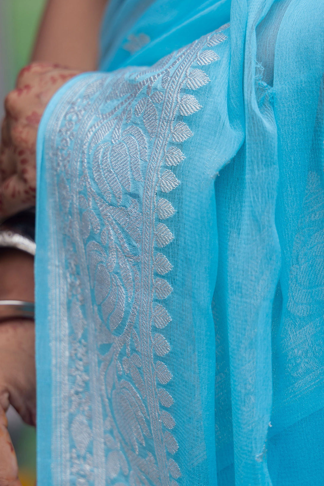 Handloom Sky Blue Pure Khadi Chiffon Banarasi Saree - Mayrake.in
