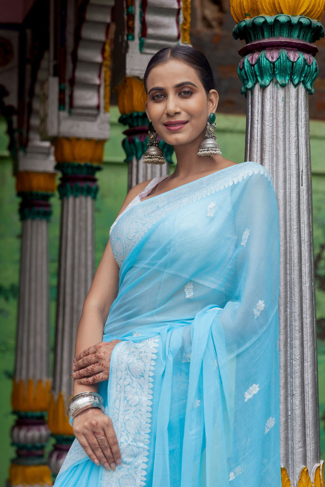 Handloom Sky Blue Pure Khadi Chiffon Banarasi Saree - Mayrake.in