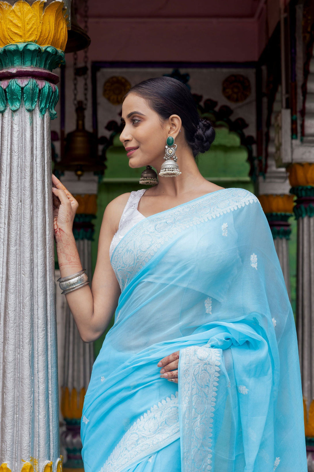 Handloom Sky Blue Pure Khadi Chiffon Banarasi Saree - Mayrake.in