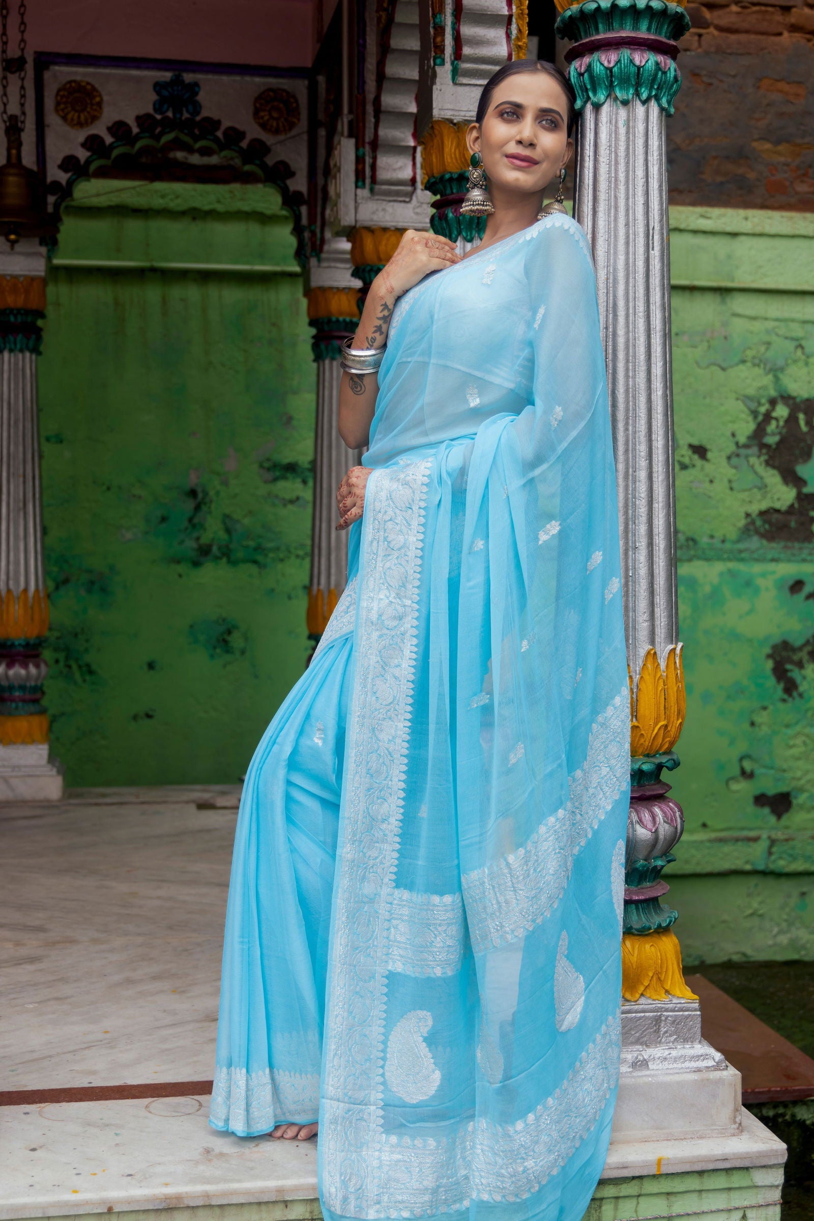 Handloom Sky Blue Pure Khadi Chiffon Banarasi Saree - Mayrake.in