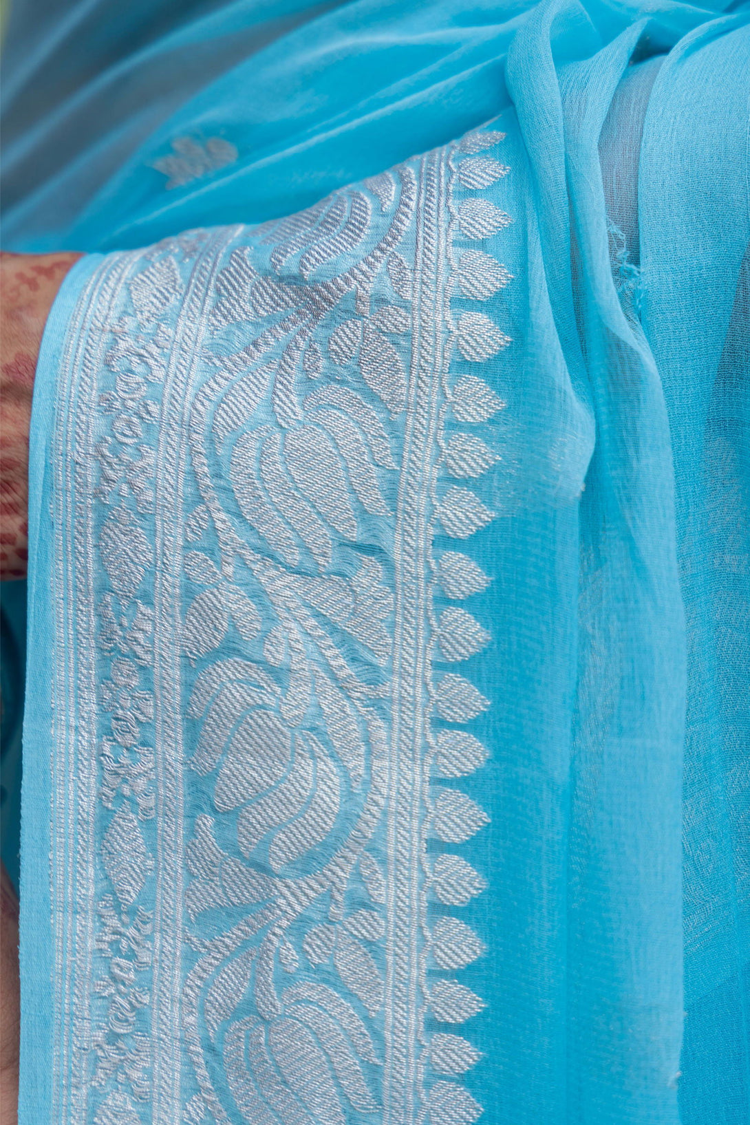 Handloom Sky Blue Pure Khadi Chiffon Banarasi Saree - Mayrake.in