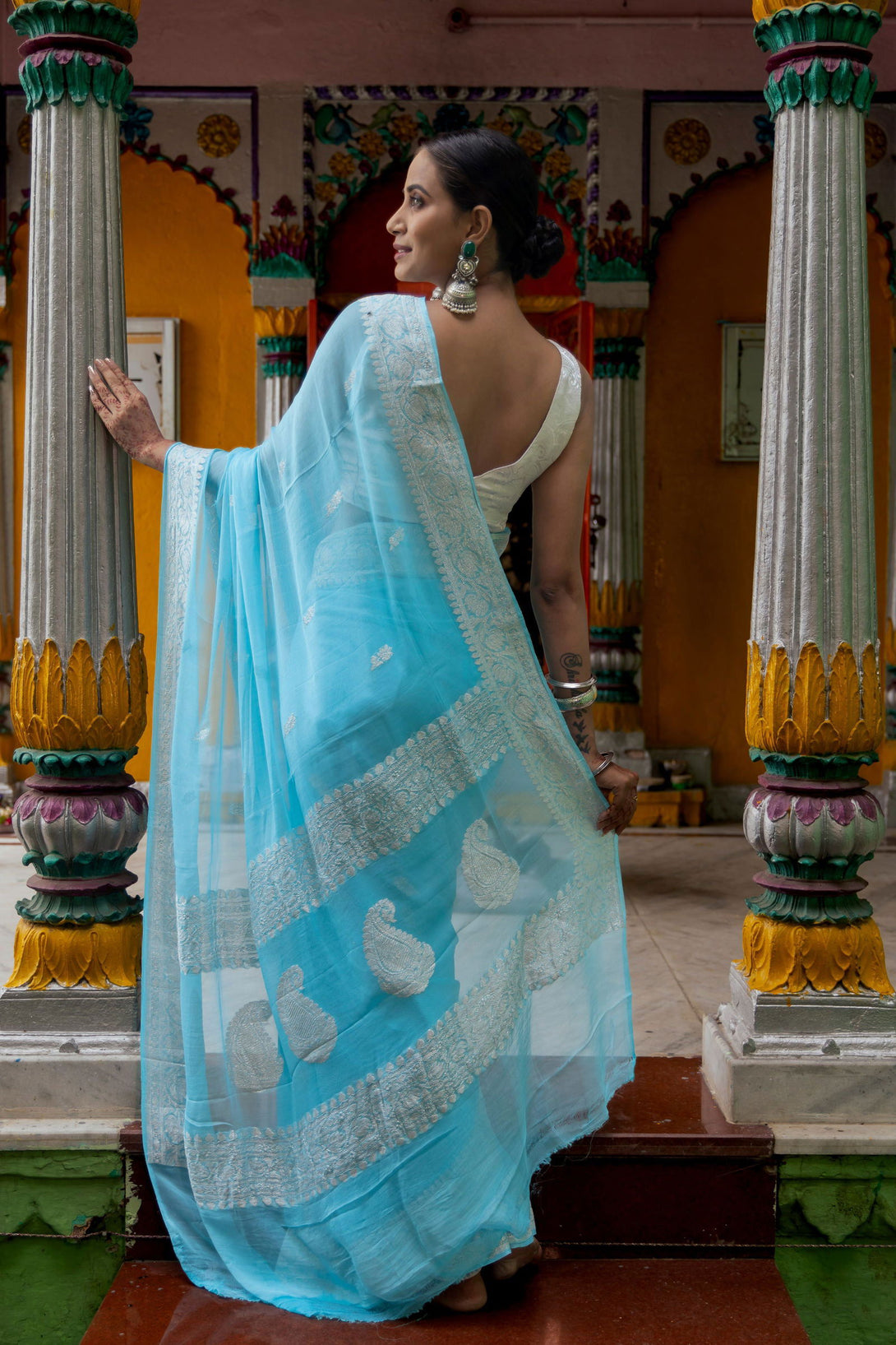 Handloom Sky Blue Pure Khadi Chiffon Banarasi Saree - Mayrake.in