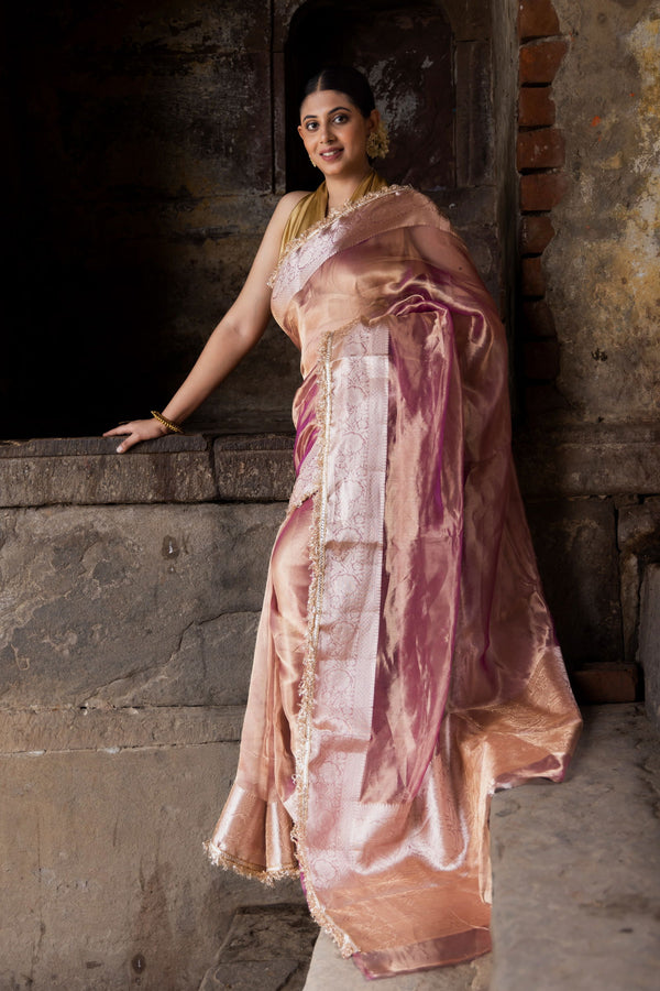 Handloom Wine Red Maroon Dark Brown Pure Katan Tissue Silk Banarsi Saree - Mayrake