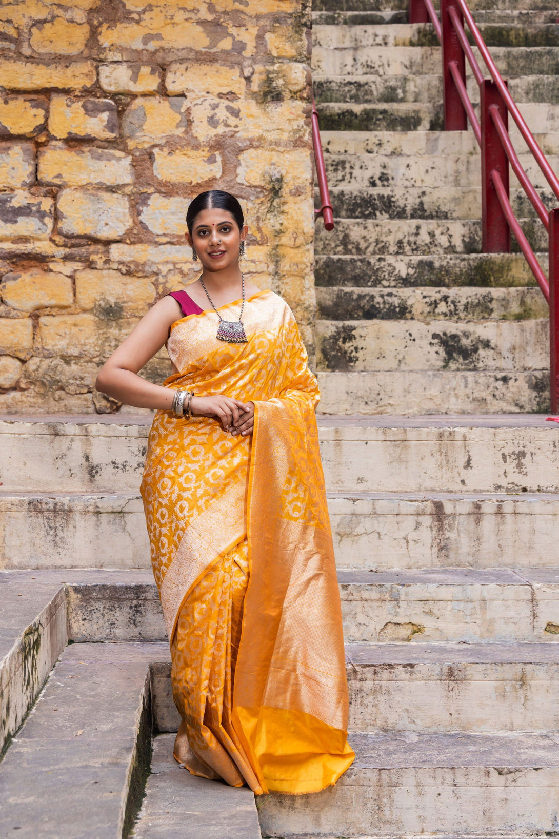 Handloom Yellow Pure Katan Silk Banarasi Saree - Mayrake.in