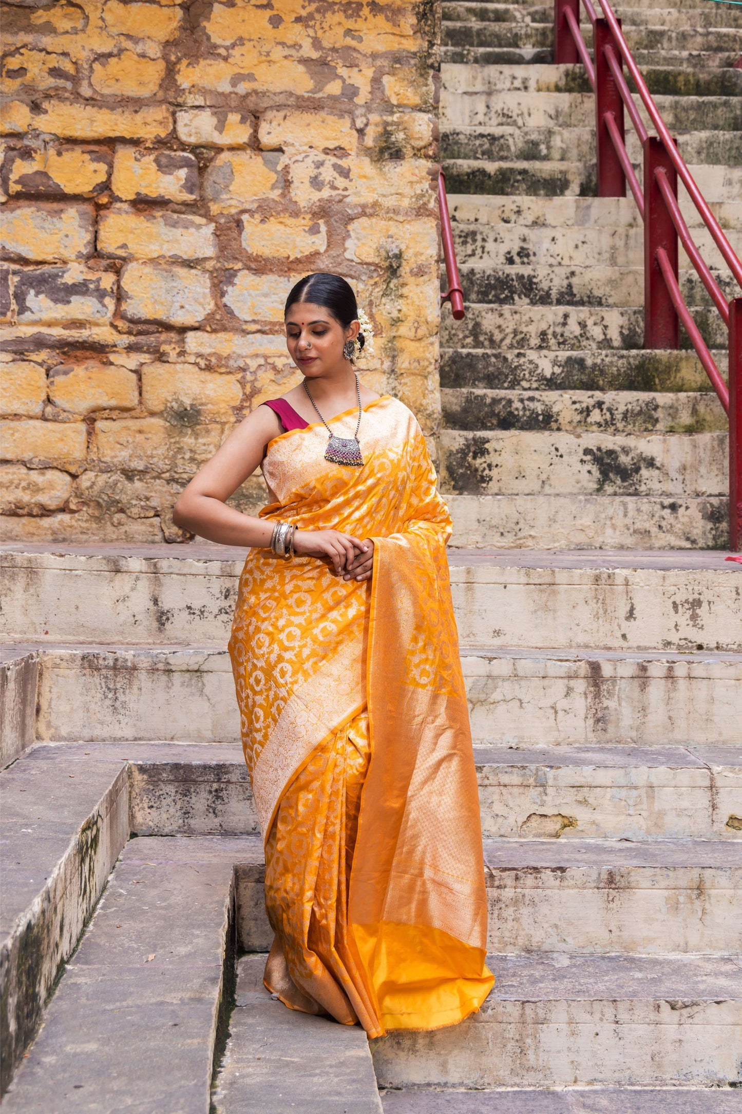 Handloom Yellow Pure Katan Silk Banarasi Saree - Mayrake.in