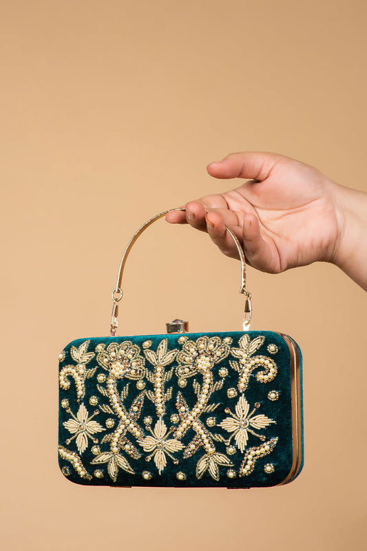 Handwork Green Pearl Zardosi Work Clutch with Handle and Velvet Base - Mayrake.in