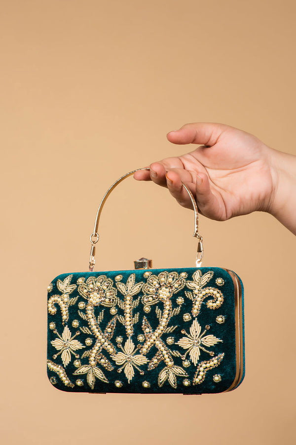 Handwork Green Pearl Zardosi Work Clutch with Handle and Velvet Base - Mayrake.in