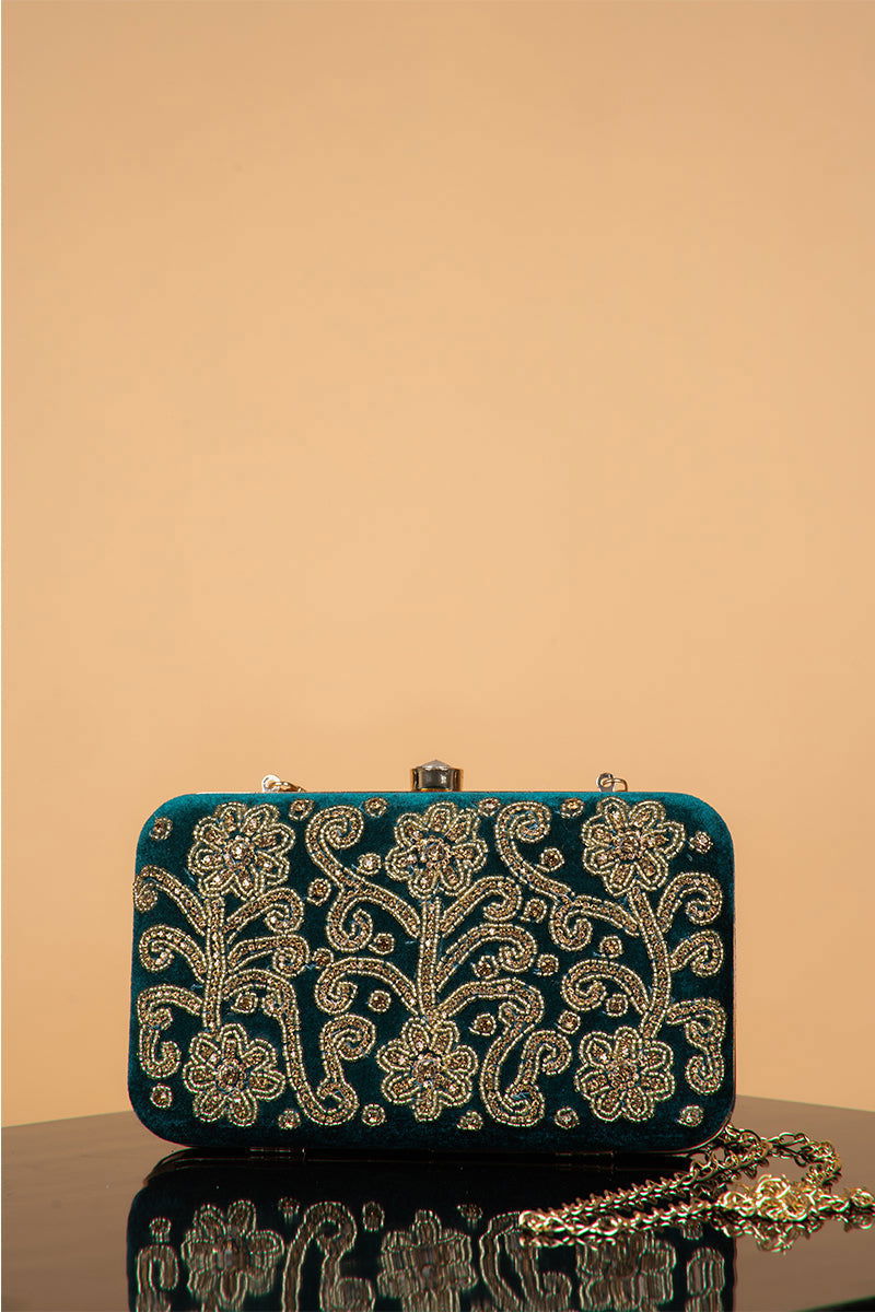 Handwork Green Pearl Zardozi Work Clutch with Handle and Velvet Base - Mayrake.in