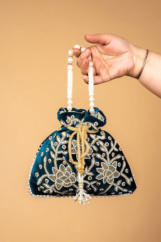 Handwork Green  Pearl and Bead Potli with Pearl Handle and Velvet Base - Mayrake.in