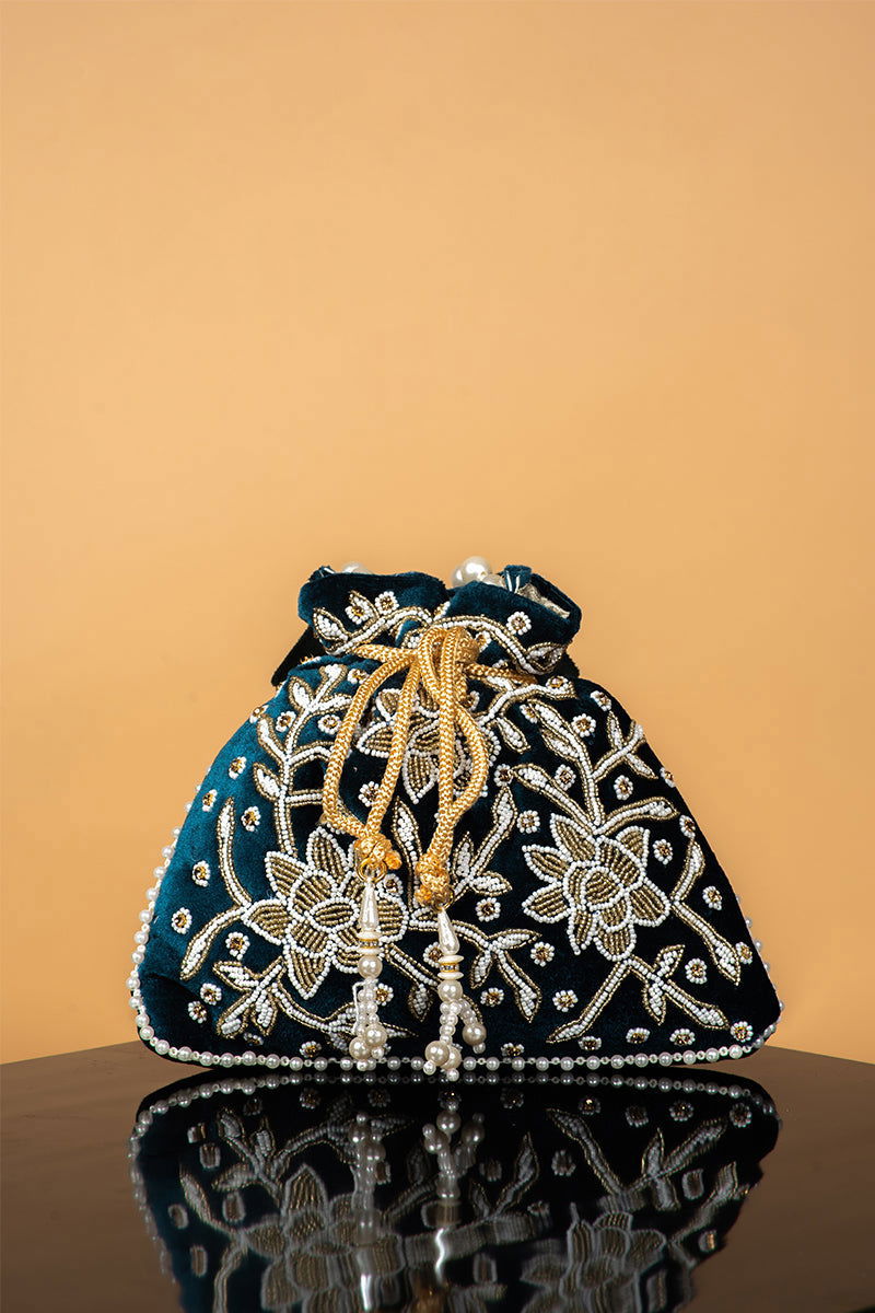 Handwork Green  Pearl and Bead Potli with Pearl Handle and Velvet Base - Mayrake.in